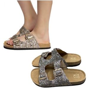 STROLL SEQUIN DOUBLE BUCKLE FLATS SLIDE SANDALS NWT!